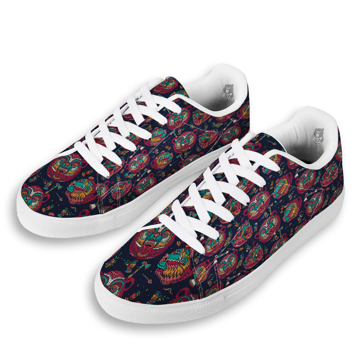 Grizz Bear Oldschool Tattoo Print Pattern White Low Top Sneakers-grizzshop