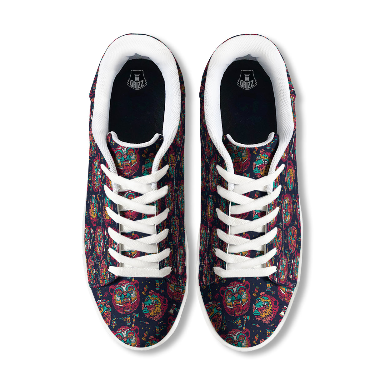 Grizz Bear Oldschool Tattoo Print Pattern White Low Top Sneakers-grizzshop
