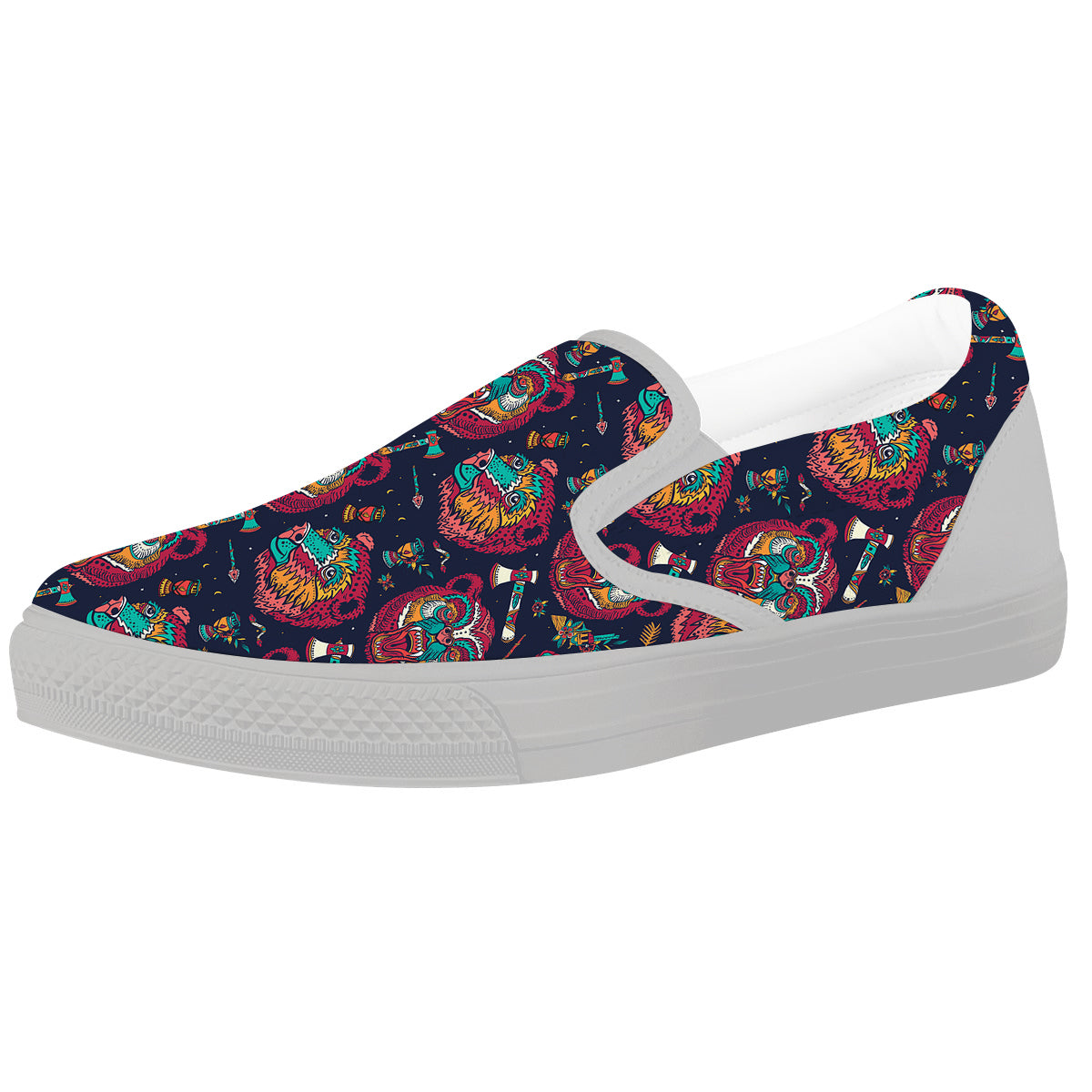 Grizz Bear Oldschool Tattoo Print Pattern White Slip On Shoes-grizzshop