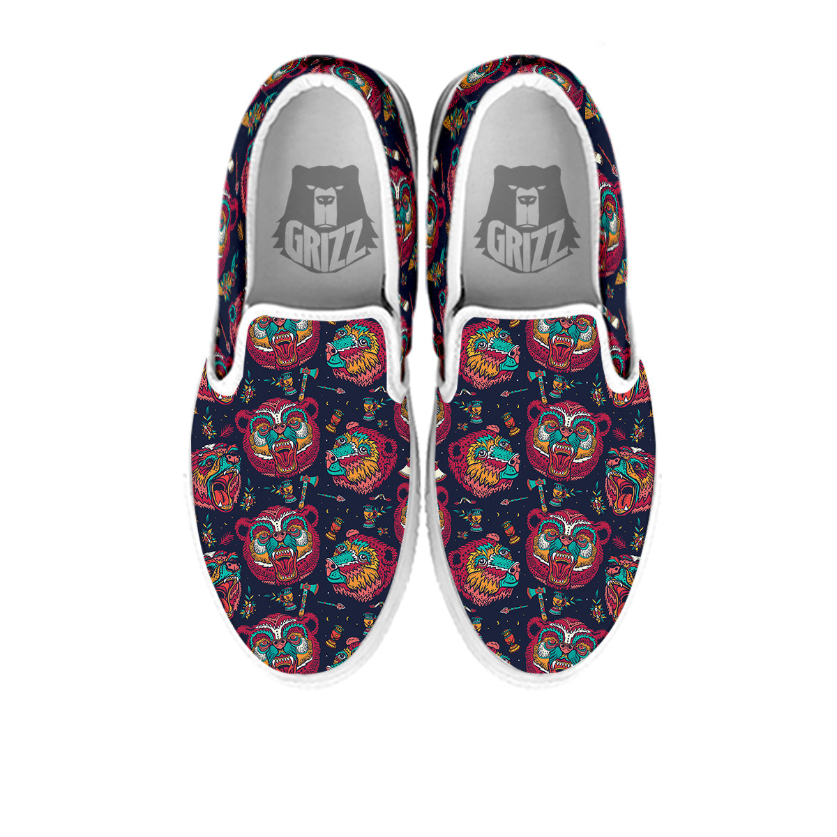 Grizz Bear Oldschool Tattoo Print Pattern White Slip On Shoes-grizzshop