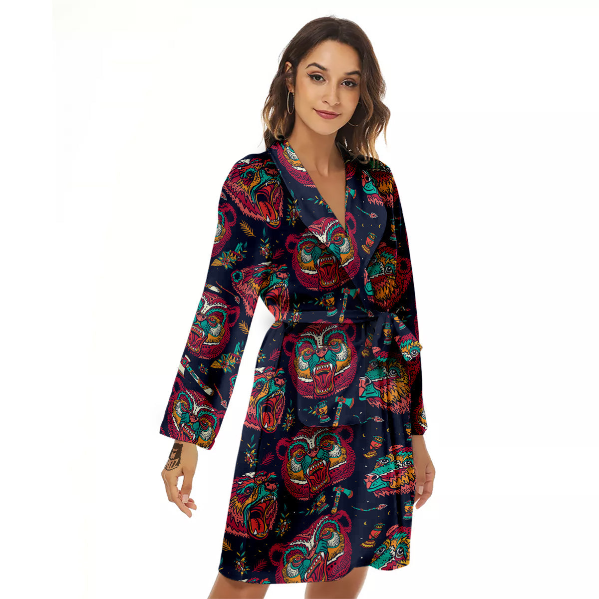 Grizz Bear Oldschool Tattoo Print Pattern Women's Robe-grizzshop