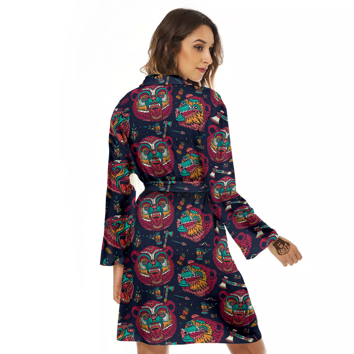 Grizz Bear Oldschool Tattoo Print Pattern Women's Robe-grizzshop