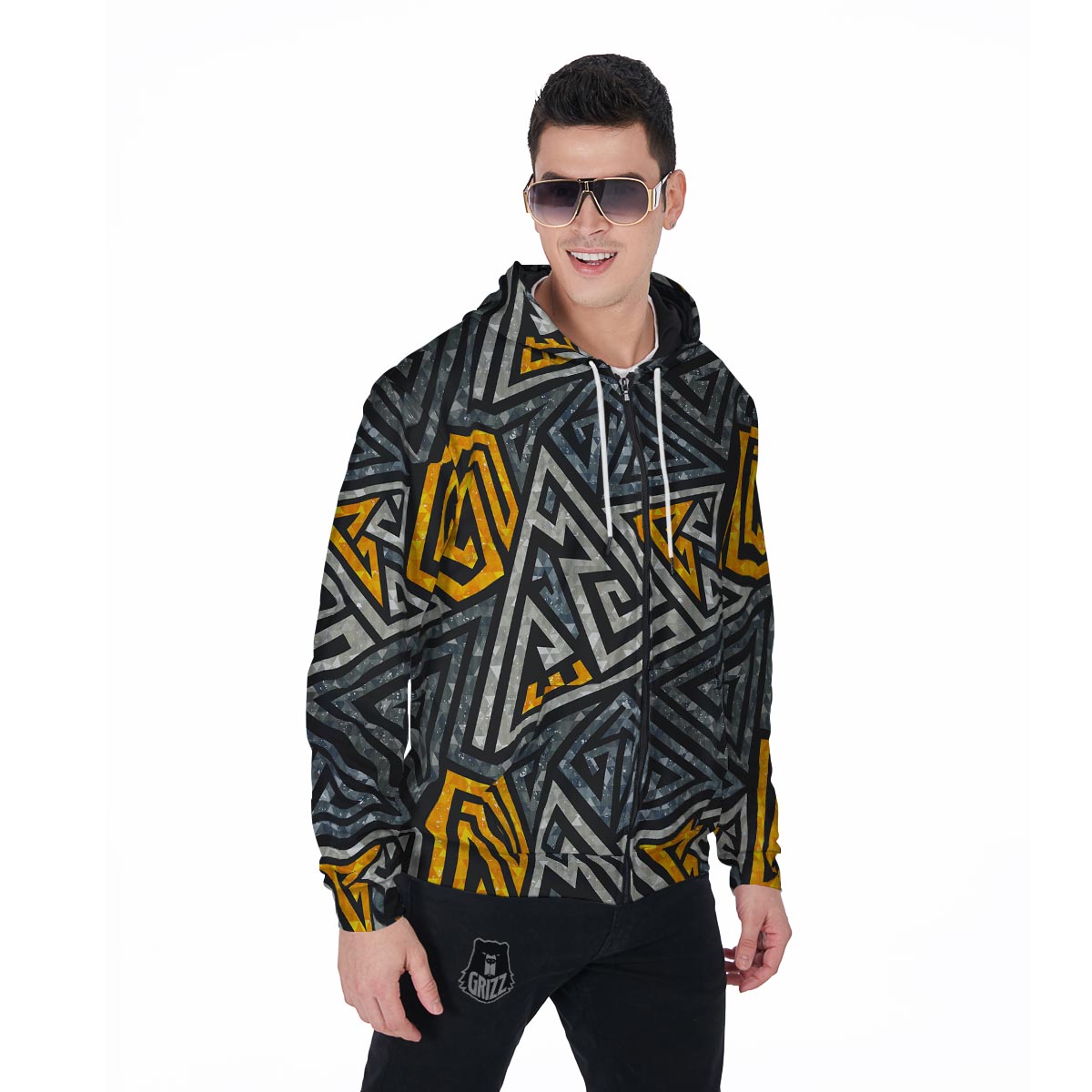 Grunge Geometric Triangle Men's Zip Up Hoodie-grizzshop