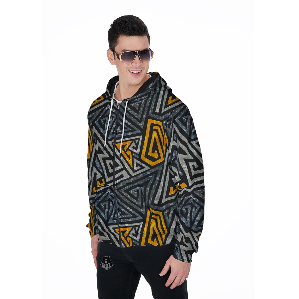 Grunge Geometric Triangle Men's Zip Up Hoodie-grizzshop