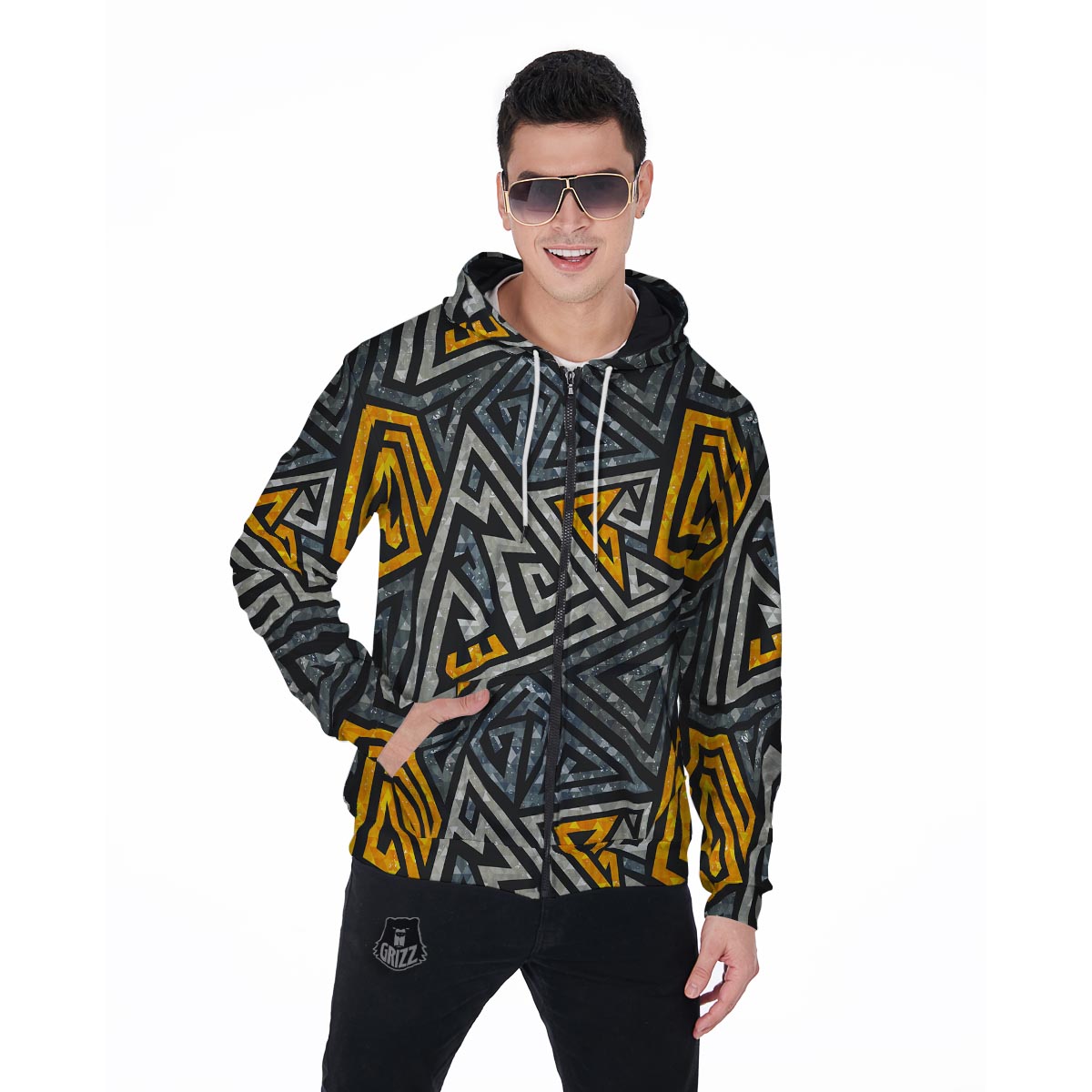 Grunge Geometric Triangle Men's Zip Up Hoodie-grizzshop