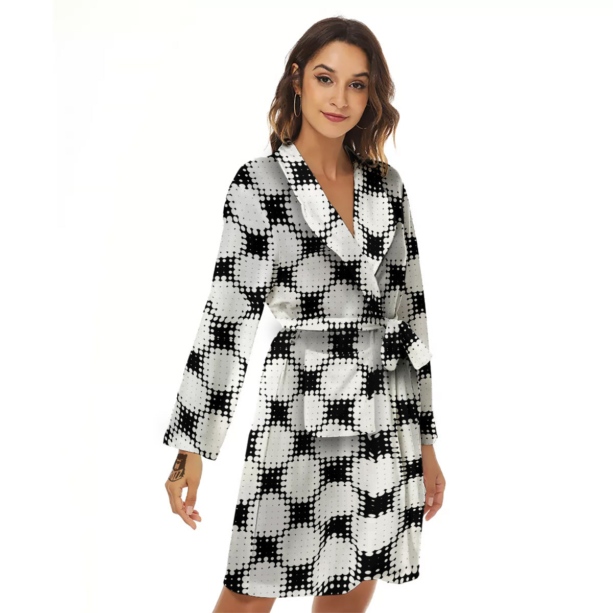 Grunge Halftone Black And White Dots Print Pattern Women's Robe-grizzshop