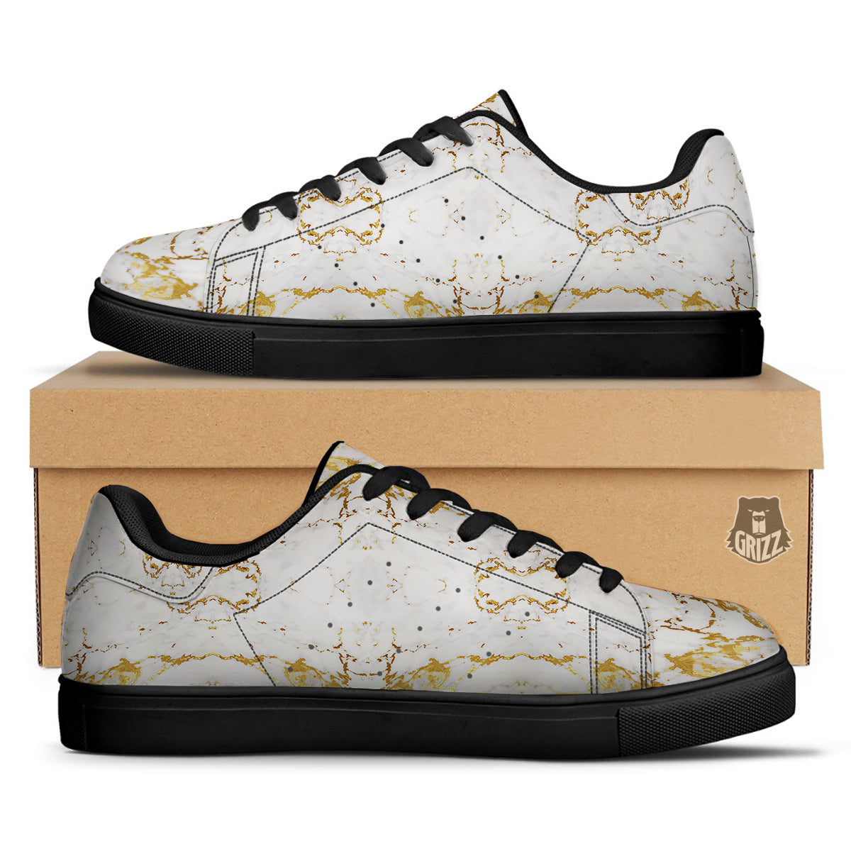 Grunge Marble White Gold Print Pattern Black Low Top Sneakers-grizzshop