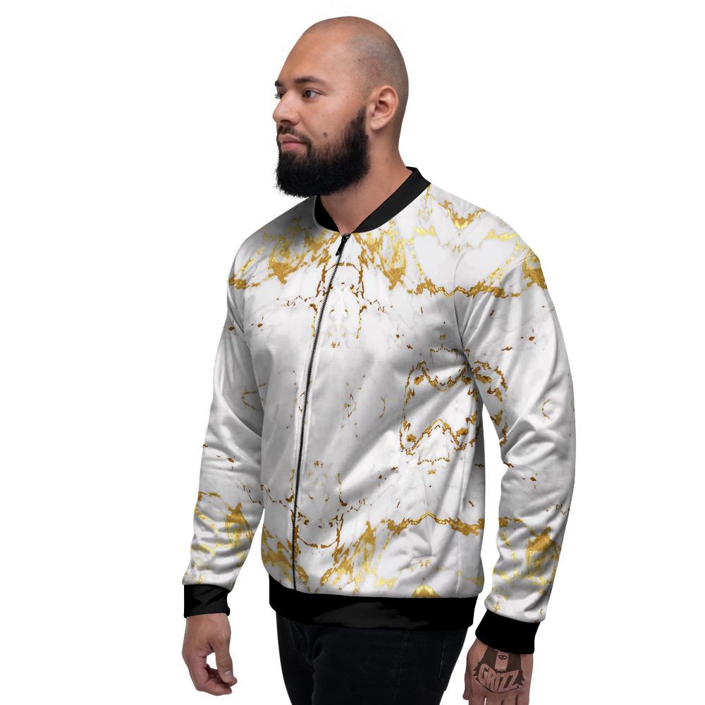 Grunge Marble White Gold Print Pattern Men's Bomber Jacket-grizzshop