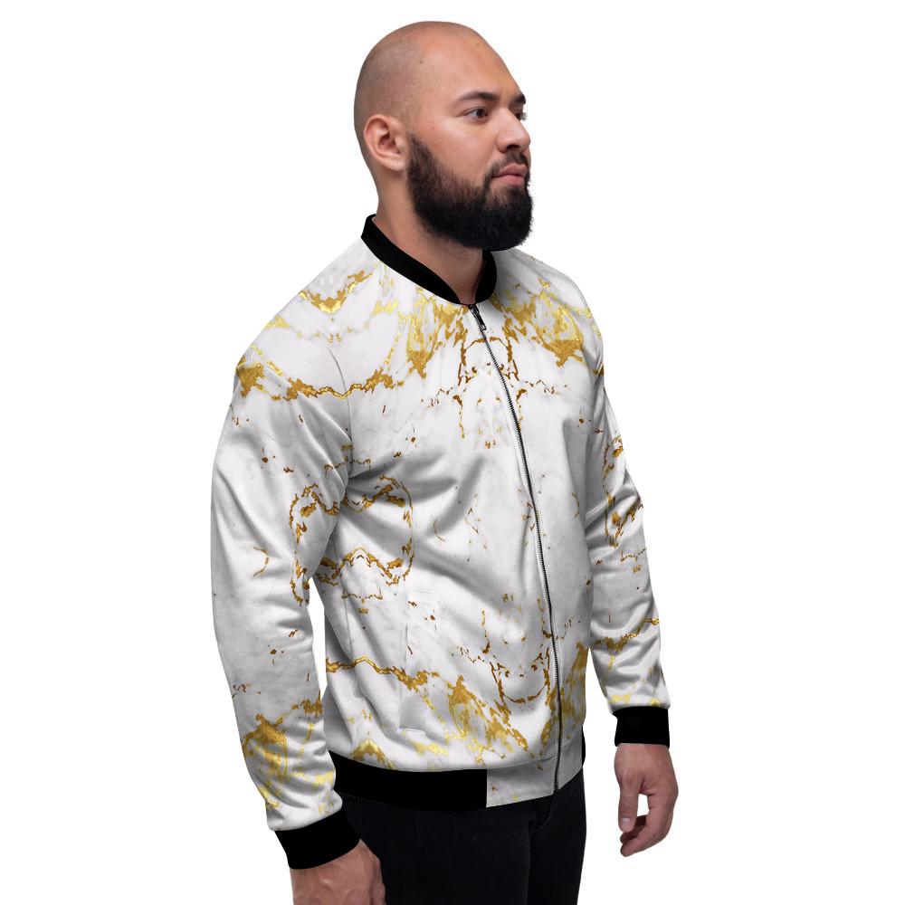 Grunge Marble White Gold Print Pattern Men's Bomber Jacket-grizzshop