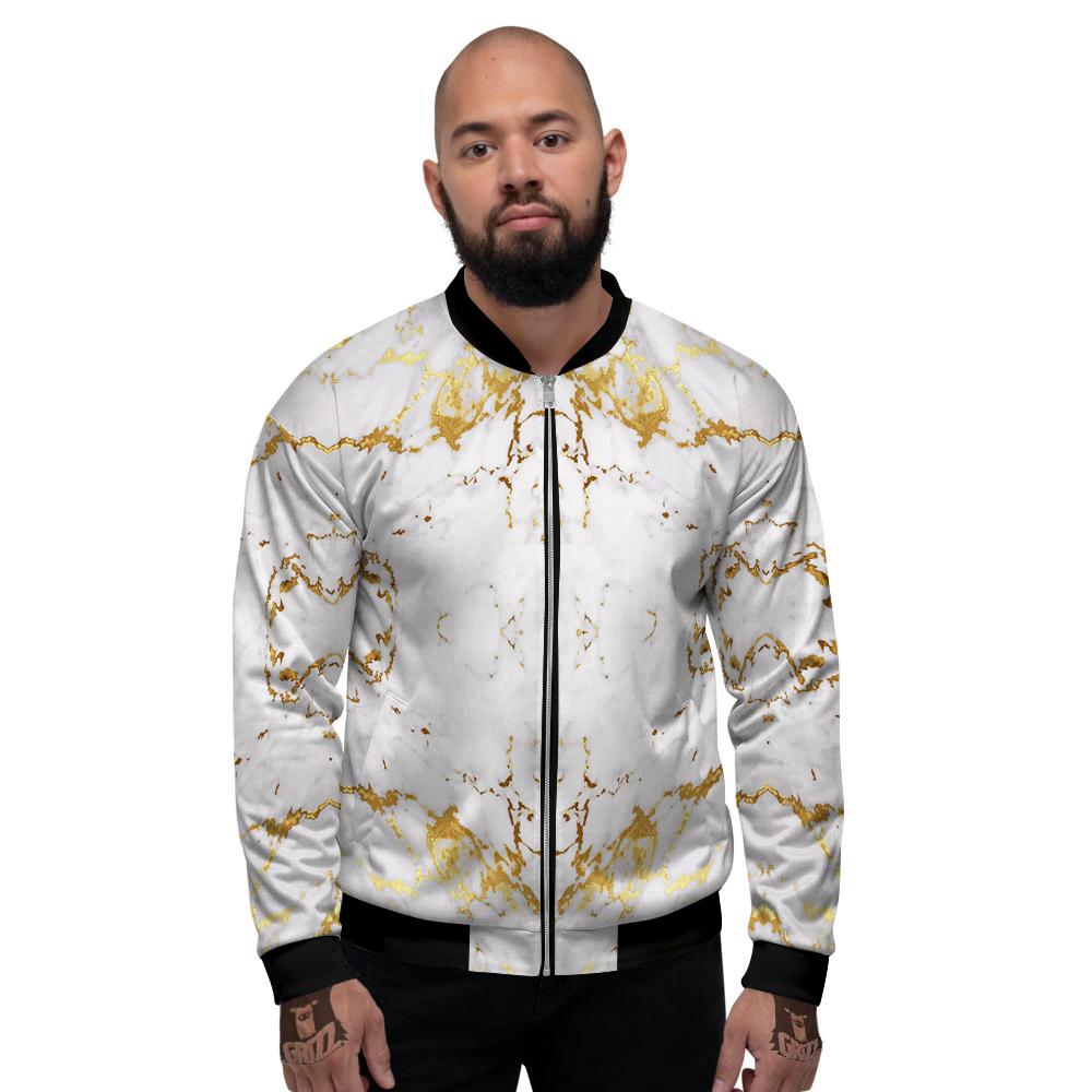 Grunge Marble White Gold Print Pattern Men's Bomber Jacket-grizzshop