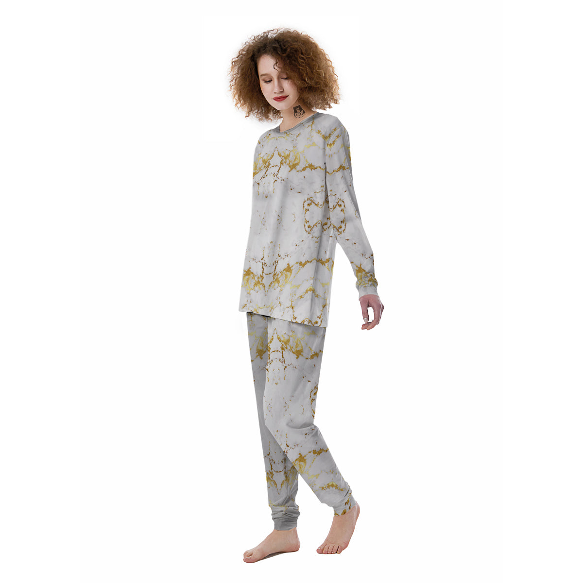 Grunge Marble White Gold Print Pattern Women's Pajamas-grizzshop