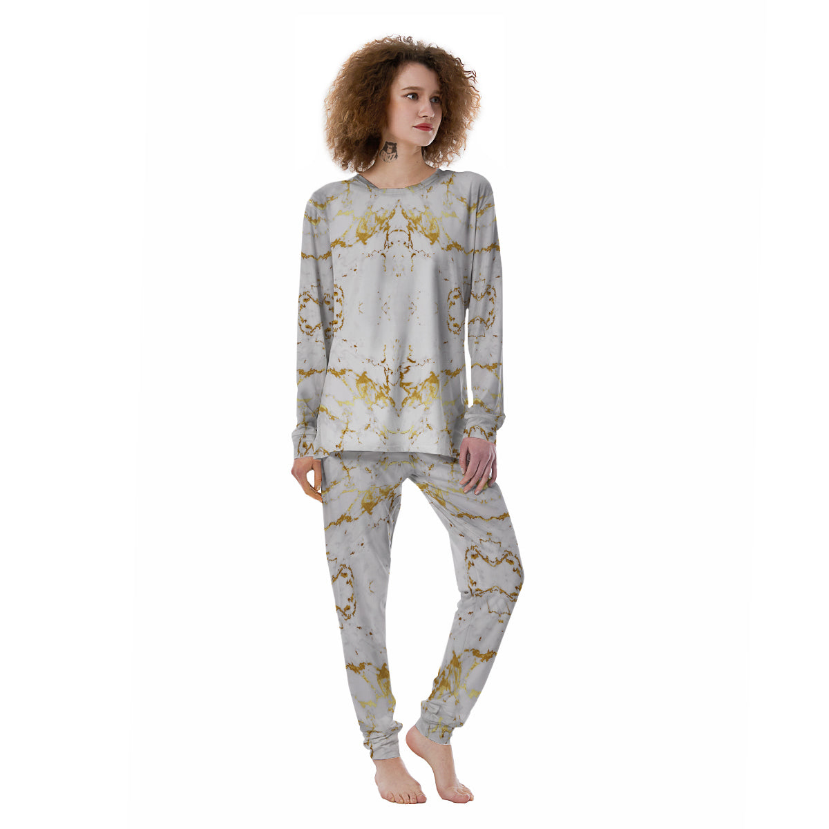 Grunge Marble White Gold Print Pattern Women's Pajamas-grizzshop