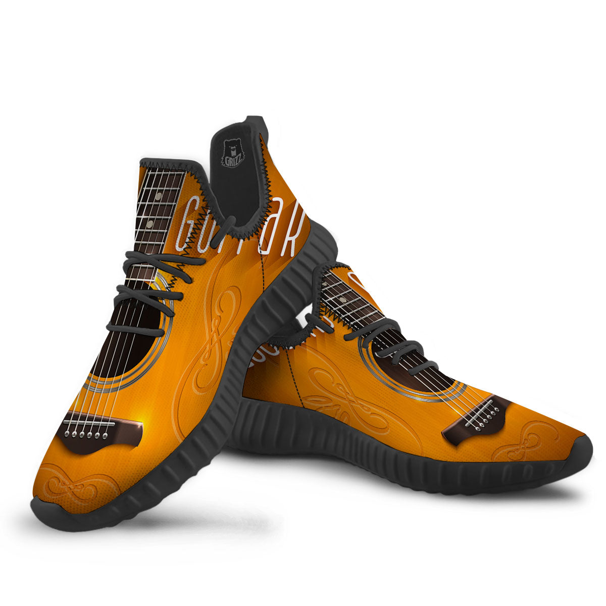 Guitar Acoustic Print Black Walking Shoes-grizzshop