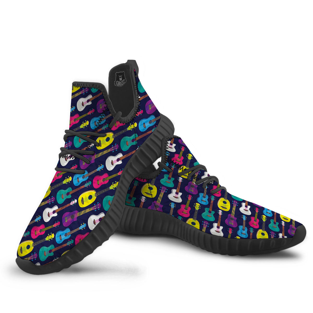 Guitar Colorful Print Pattern Black Walking Shoes-grizzshop