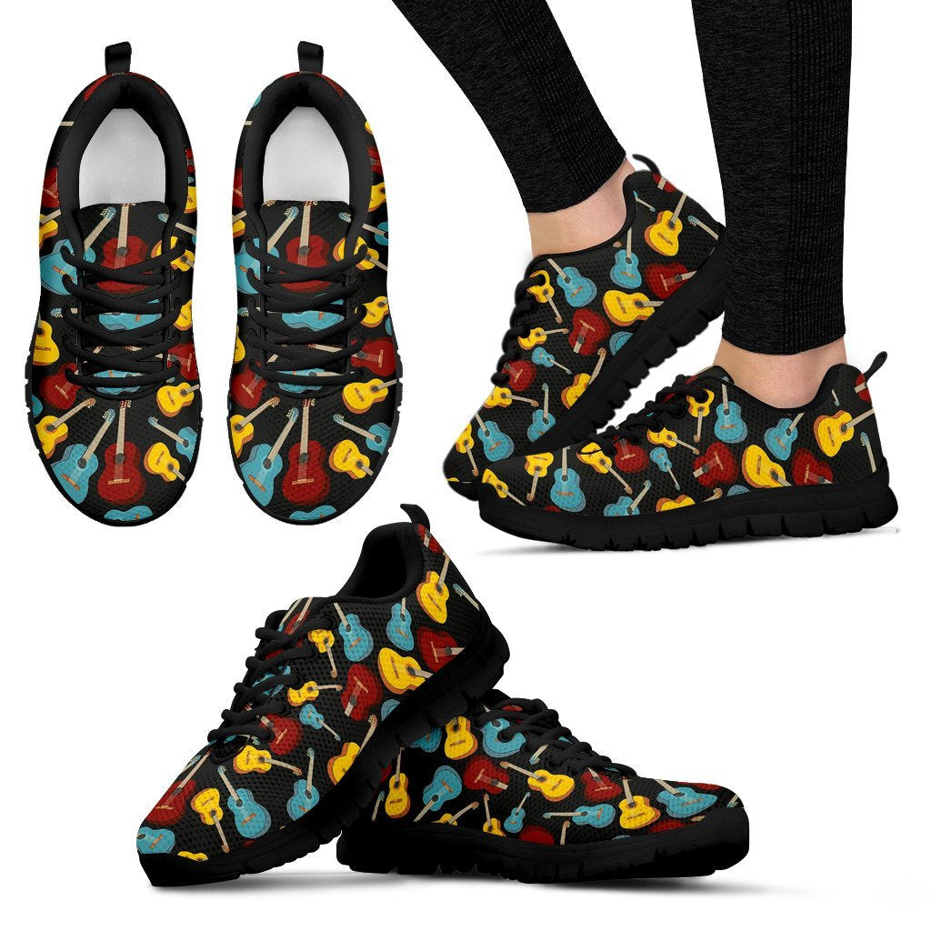 Guitar Pattern Print Black Sneaker Shoes For Men Women-grizzshop