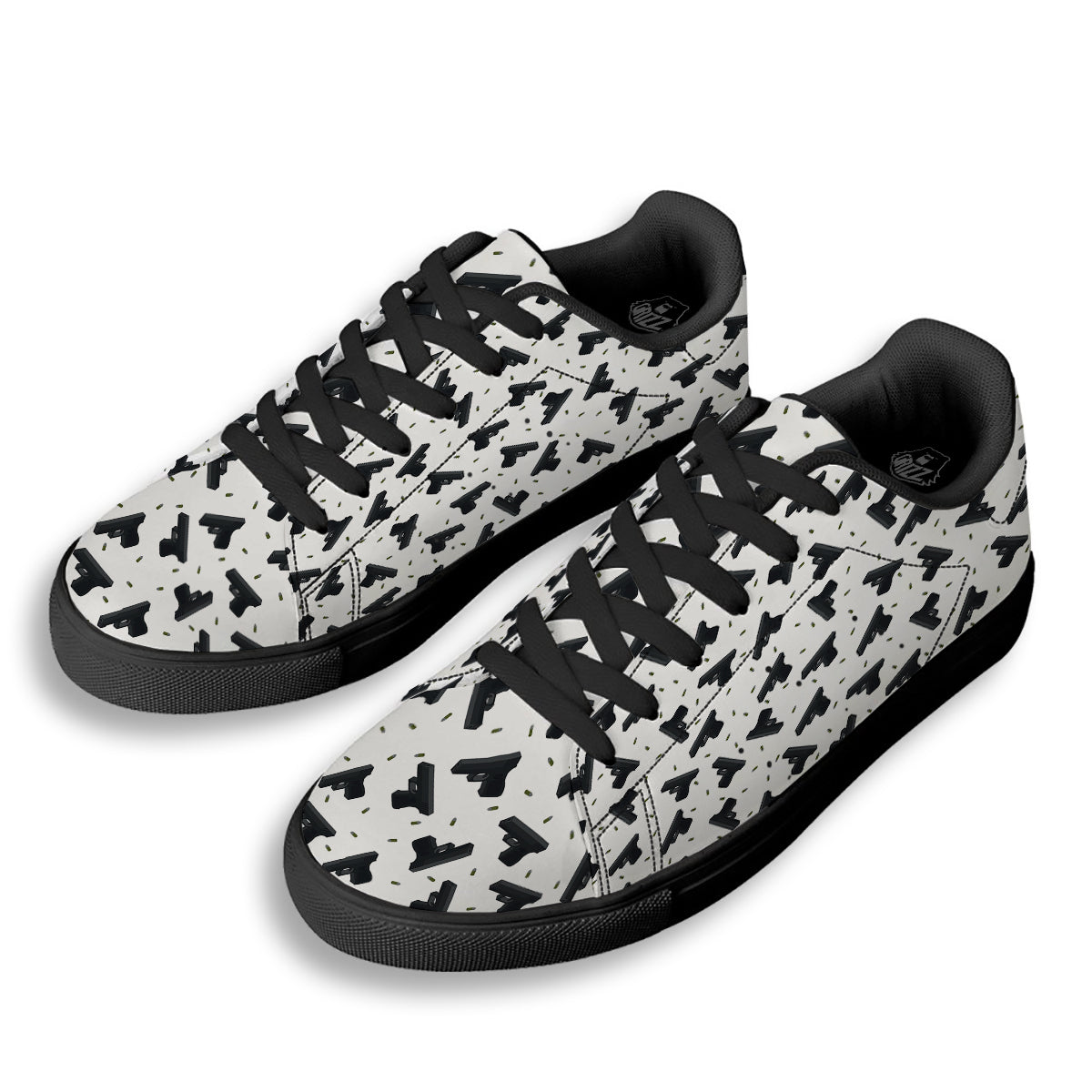 Gun Bullet White And Black Print Pattern Black Low Top Sneakers-grizzshop