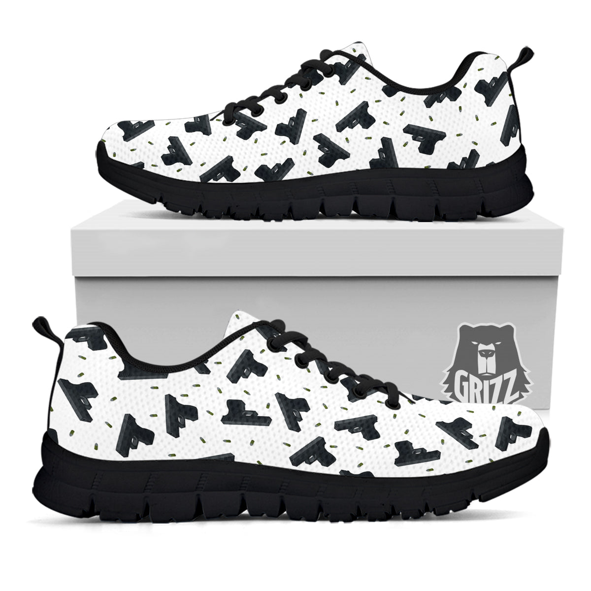 Gun Bullet White And Black Print Pattern Black Sneaker-grizzshop