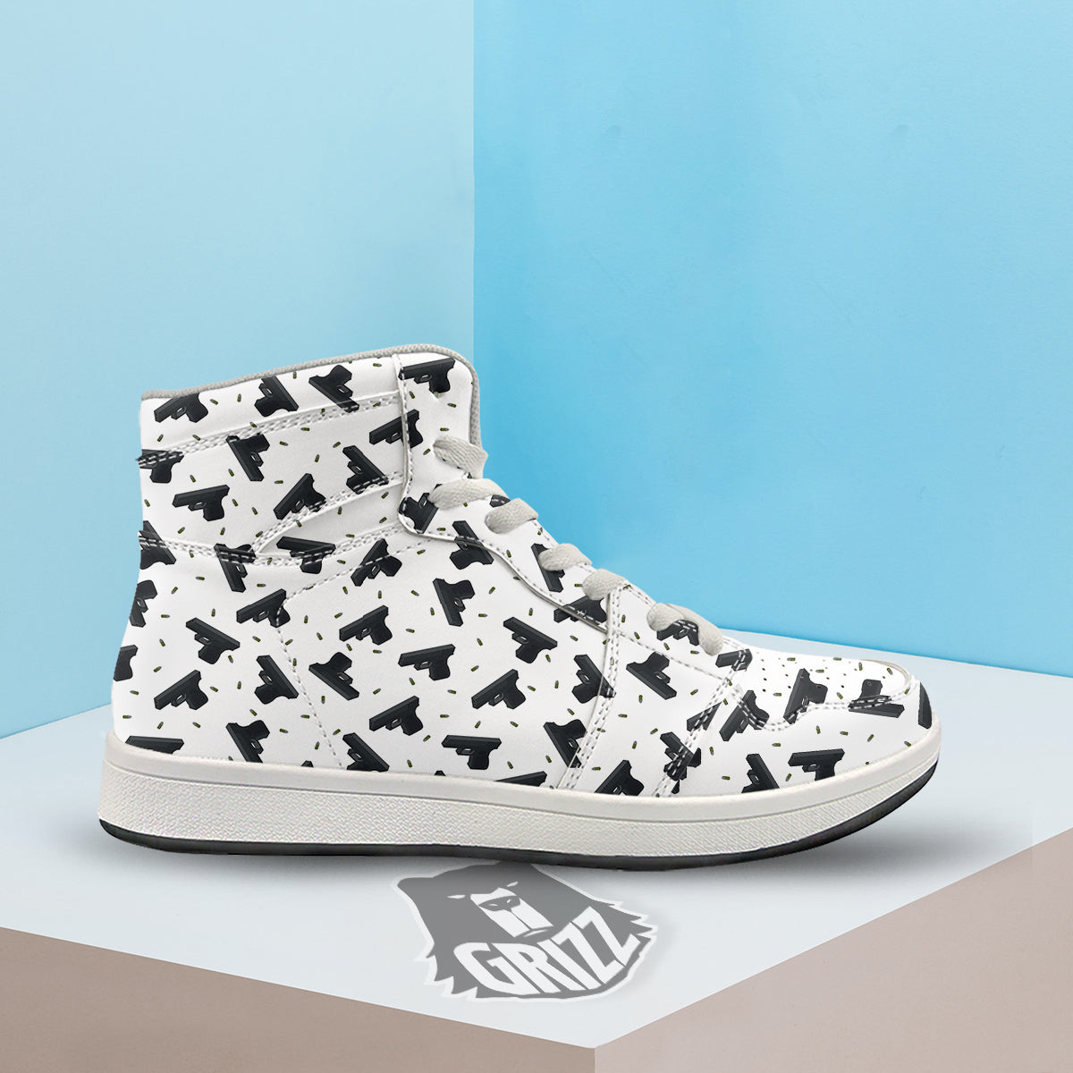 Gun Bullet White And Black Print Pattern High Top Sneakers-grizzshop