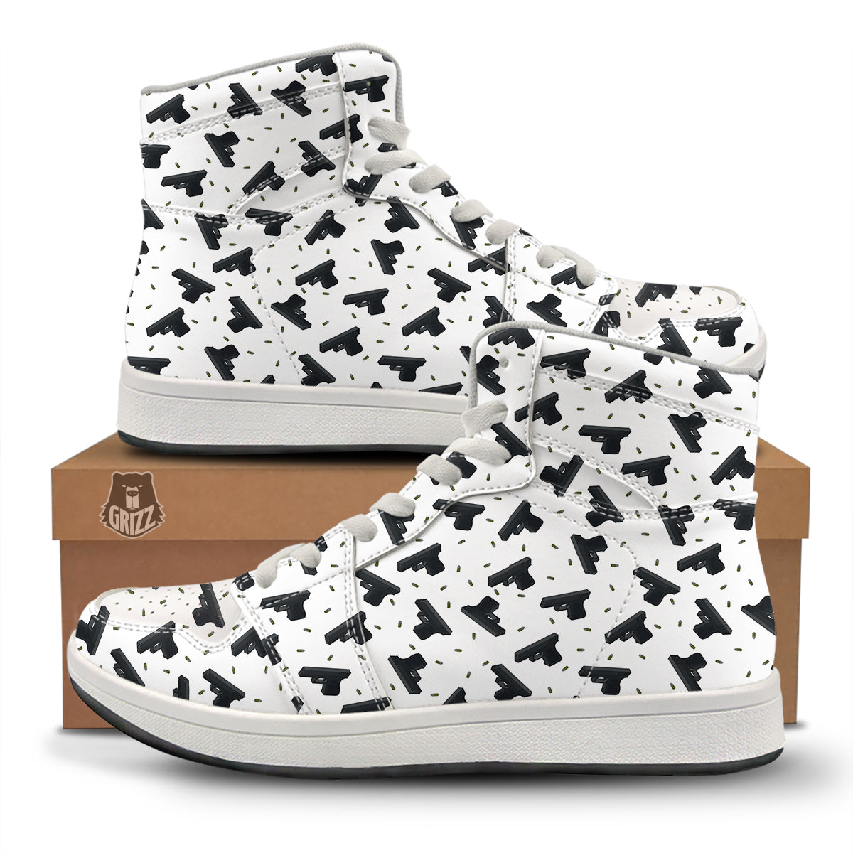 Gun Bullet White And Black Print Pattern High Top Sneakers-grizzshop