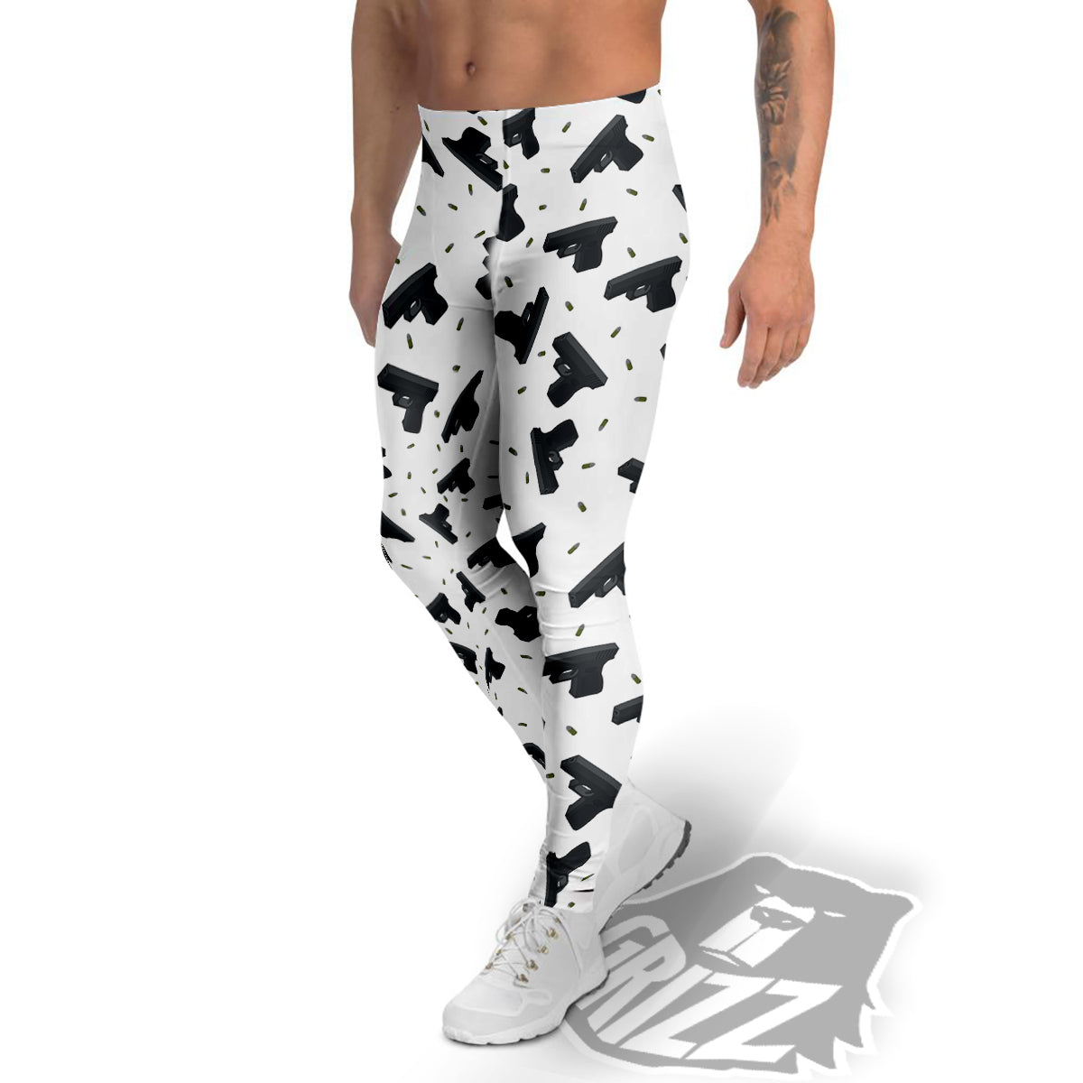 Gun Bullet White And Black Print Pattern Men's Leggings-grizzshop