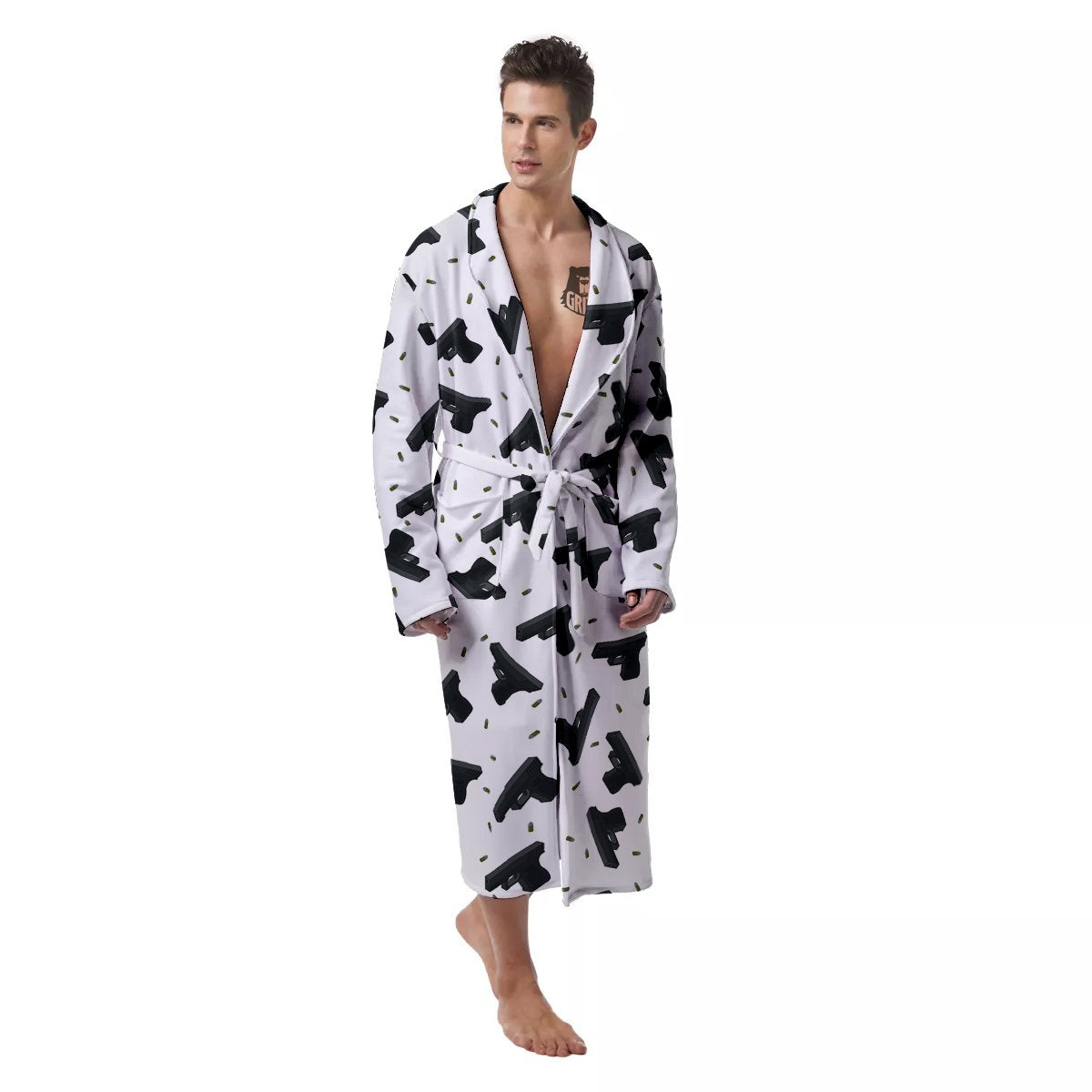 Gun Bullet White And Black Print Pattern Men's Robe-grizzshop