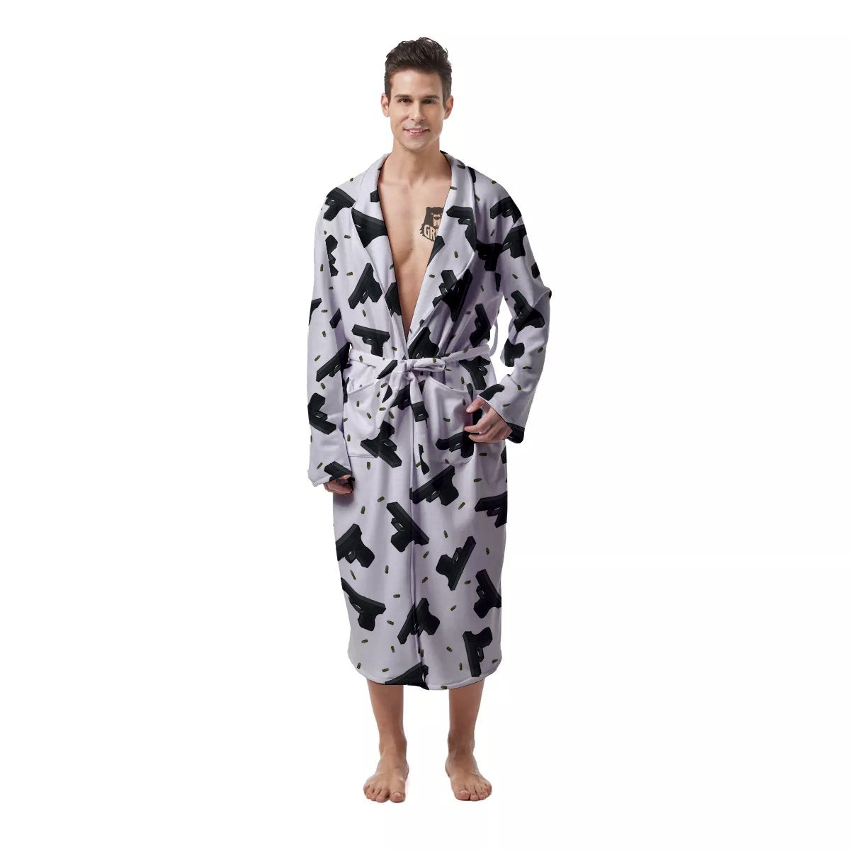 Gun Bullet White And Black Print Pattern Men's Robe-grizzshop