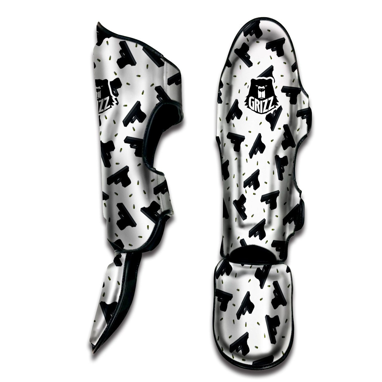 Gun Bullet White And Black Print Pattern Muay Thai Shin Guards-grizzshop