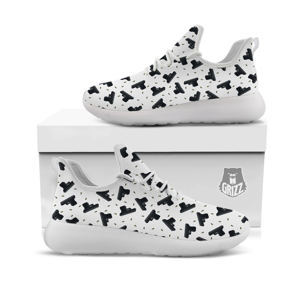 Gun Bullet White And Black Print Pattern White Athletic Shoes-grizzshop