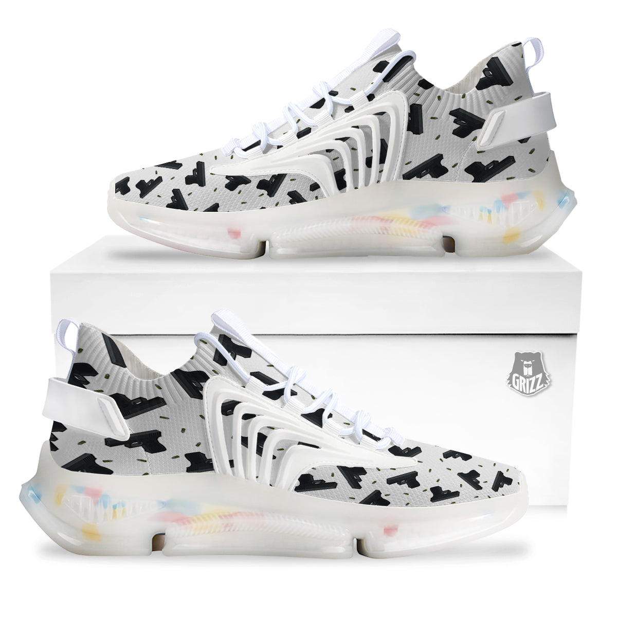 Gun Bullet White And Black Print Pattern White Gym Shoes-grizzshop