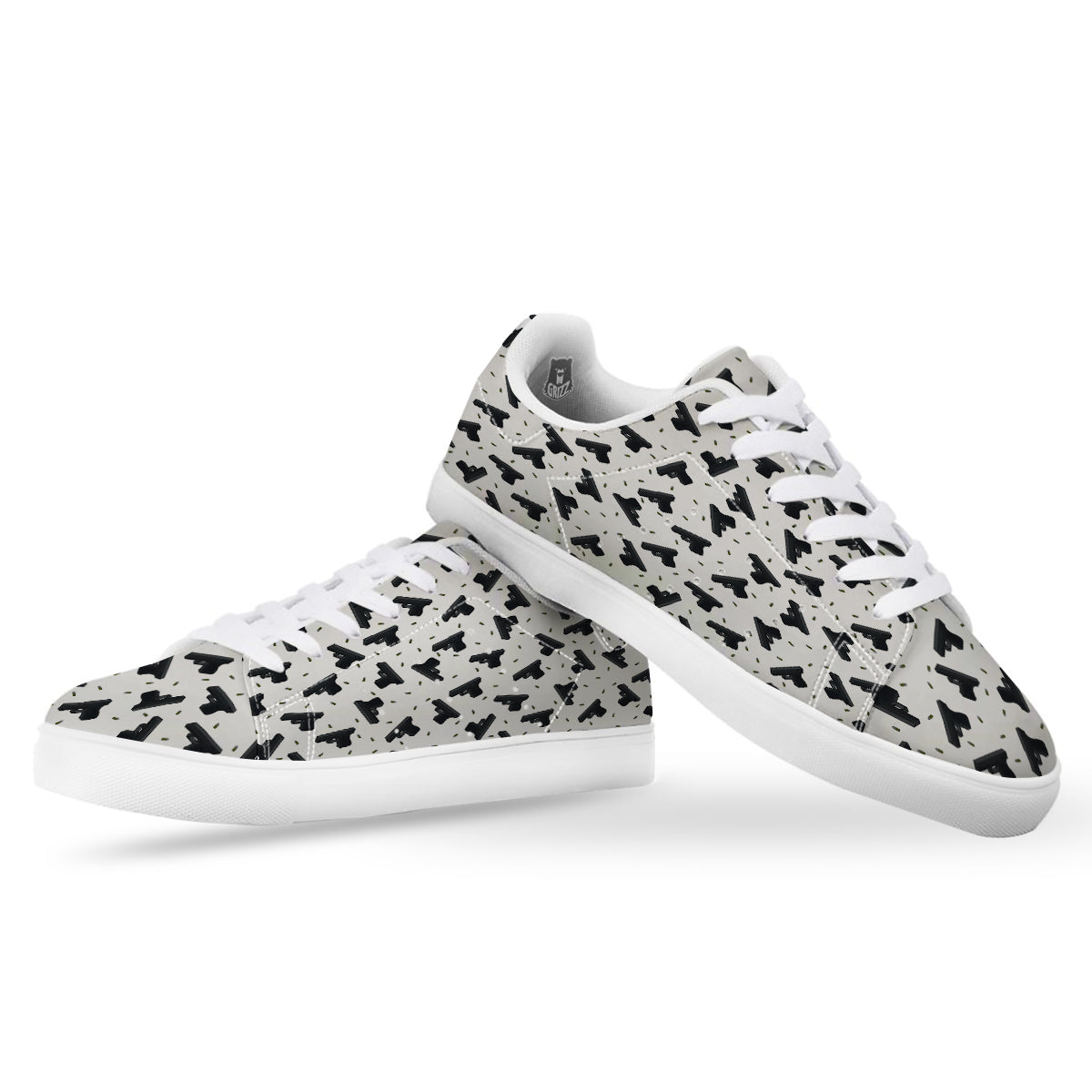 Gun Bullet White And Black Print Pattern White Low Top Sneakers-grizzshop