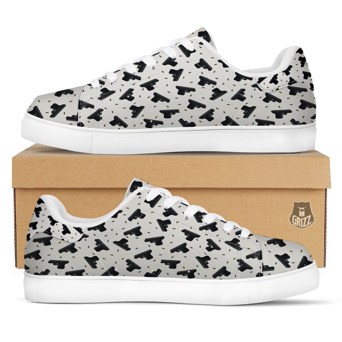 Gun Bullet White And Black Print Pattern White Low Top Sneakers-grizzshop