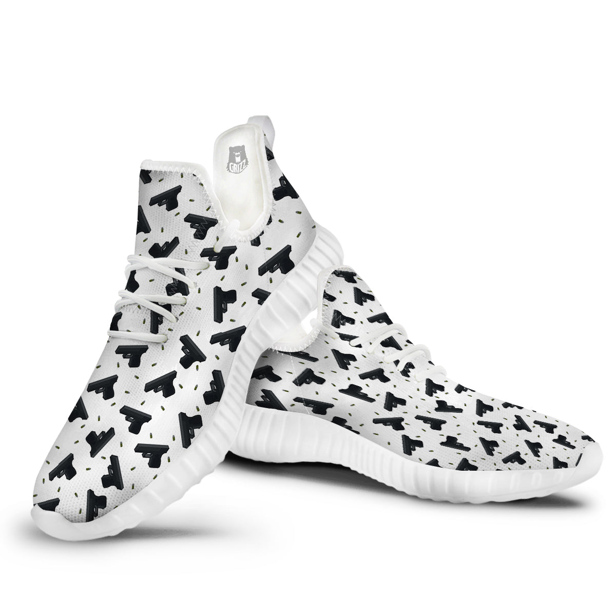Gun Bullet White And Black Print Pattern White Walking Shoes-grizzshop