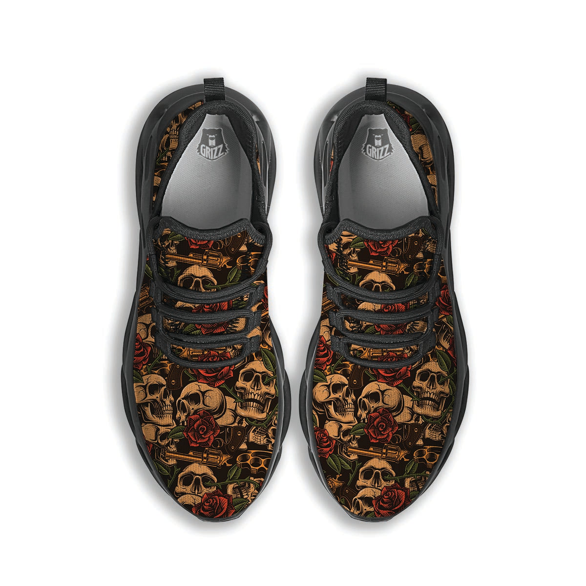 Gun Rose Skull Black Running Shoes-grizzshop