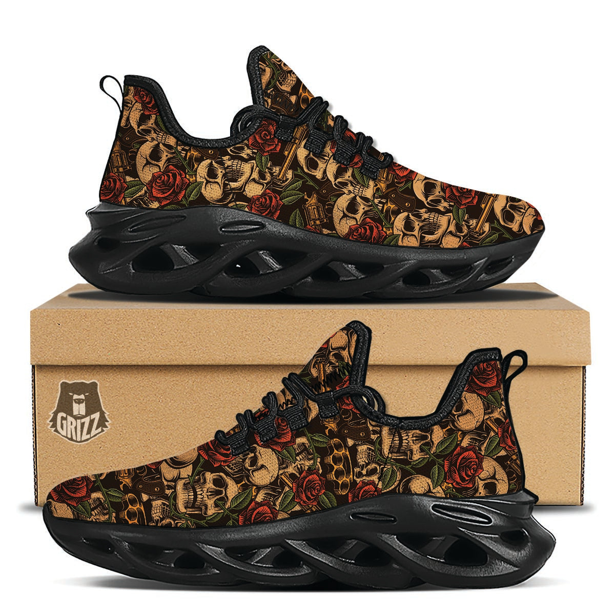 Gun Rose Skull Black Running Shoes-grizzshop