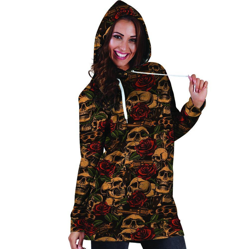 Gun Rose Skull Hoodie Dress-grizzshop