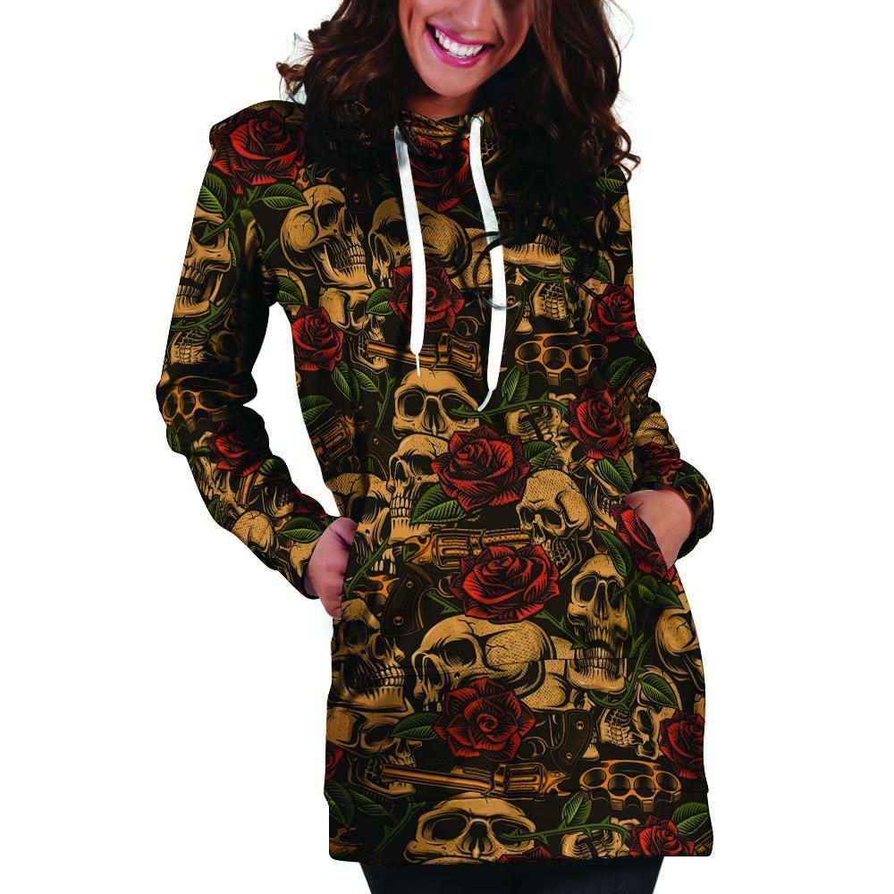 Gun Rose Skull Hoodie Dress-grizzshop