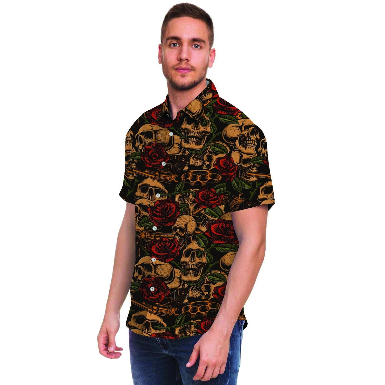 Gun Rose Skull Men's Short Sleeve Shirt-grizzshop
