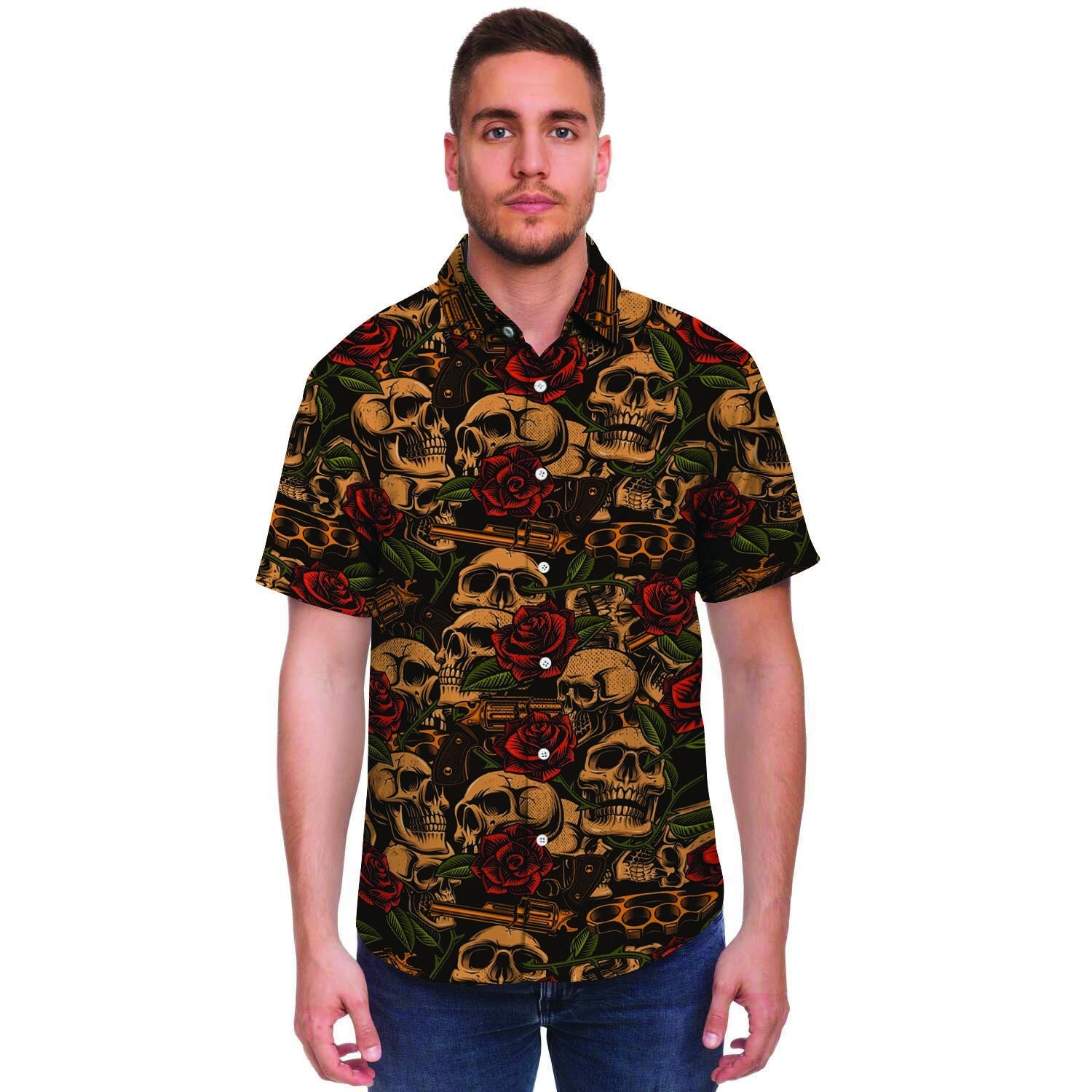 Gun Rose Skull Men's Short Sleeve Shirt-grizzshop