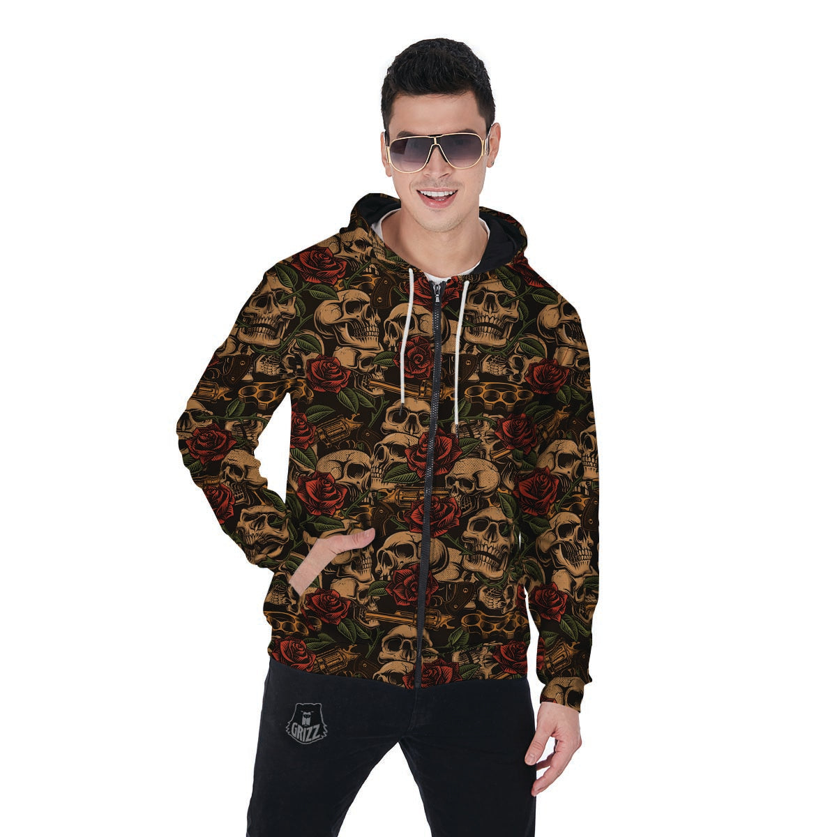 Gun Rose Skull Men's Zip Up Hoodie-grizzshop