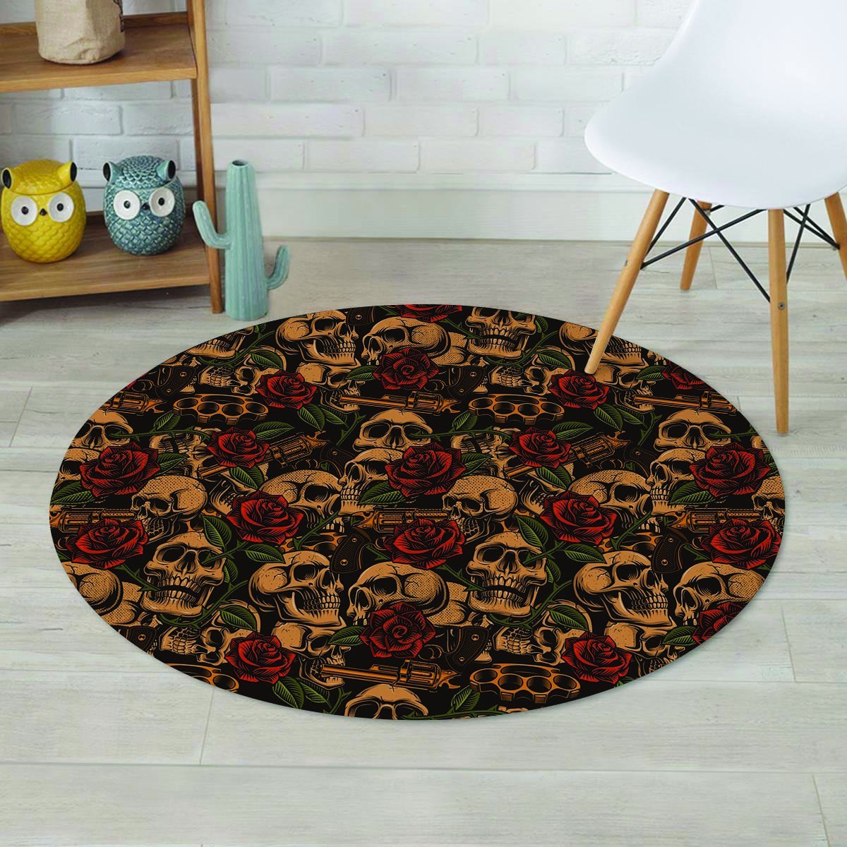 Gun Rose Skull Round Rug-grizzshop