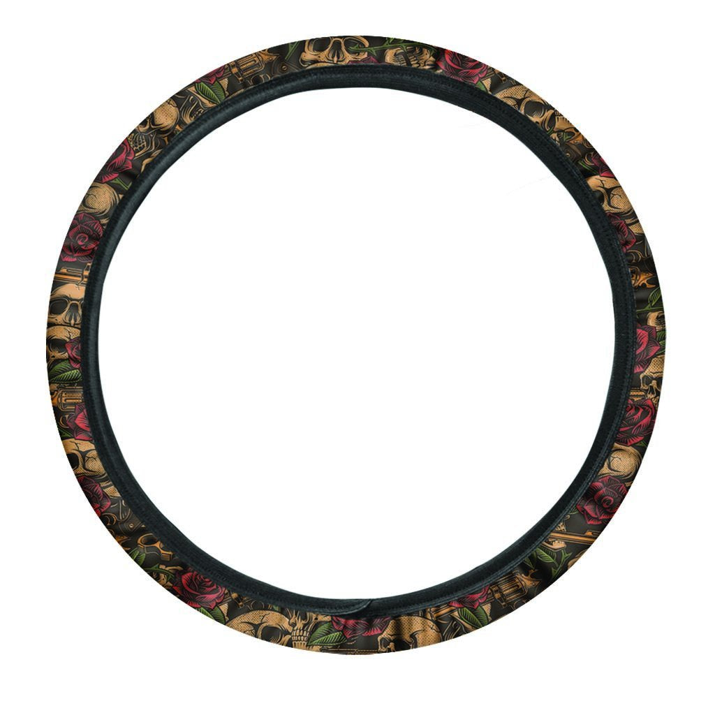 Gun Rose Skull Steering Wheel Cover-grizzshop