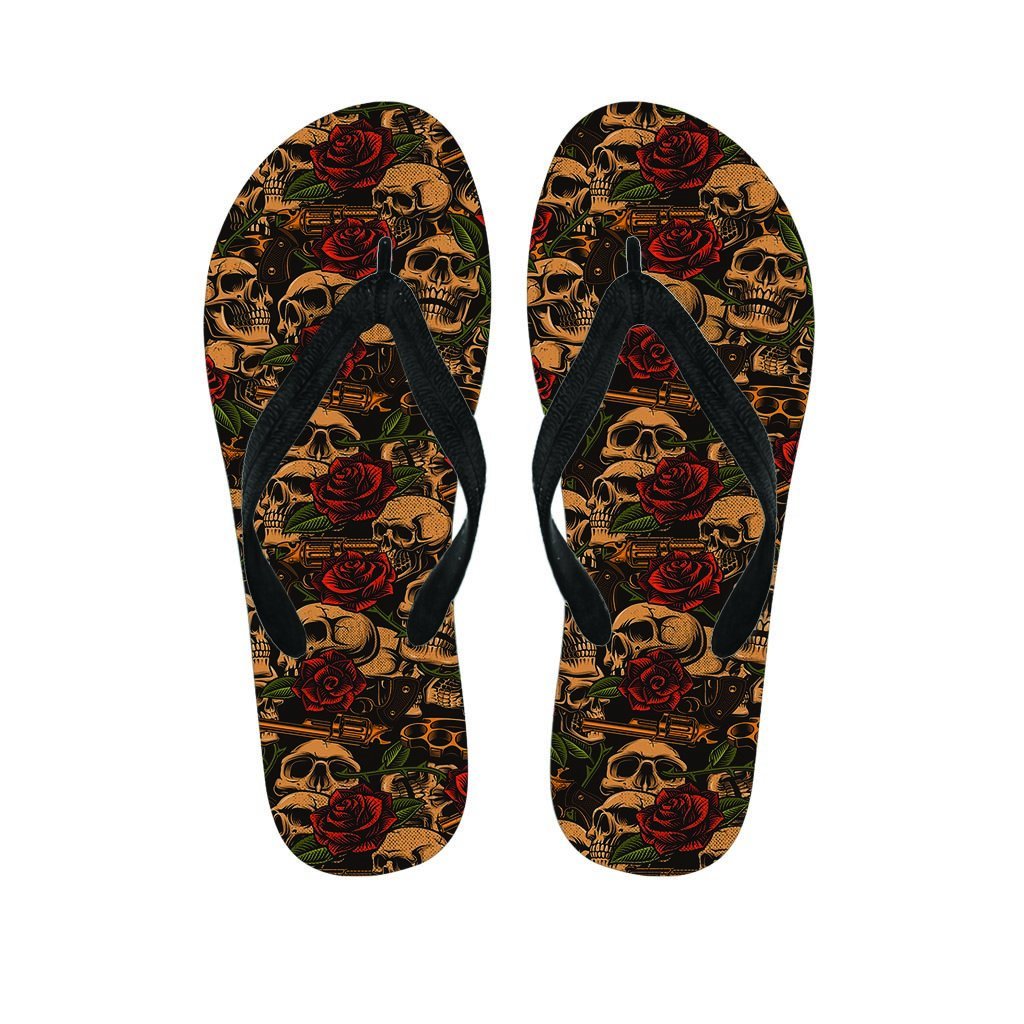 Gun Rose Skull Women's Flip Flops-grizzshop