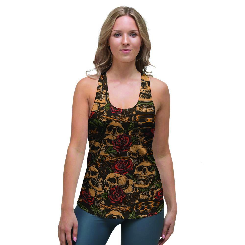 Gun Rose Skull Women's Racerback Tank Top-grizzshop
