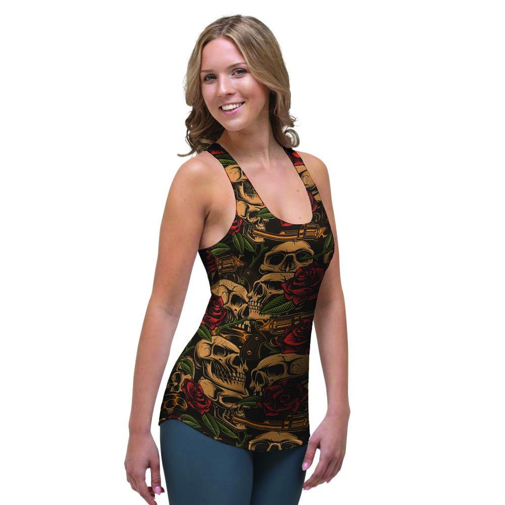 Gun Rose Skull Women's Racerback Tank Top-grizzshop