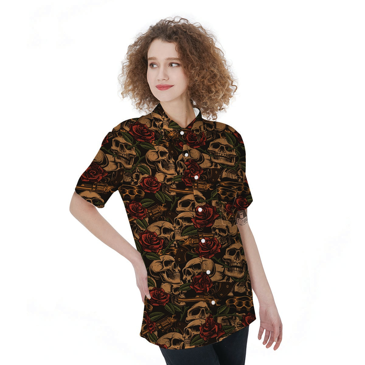 Gun Rose Skull Women's Short Sleeve Shirts-grizzshop