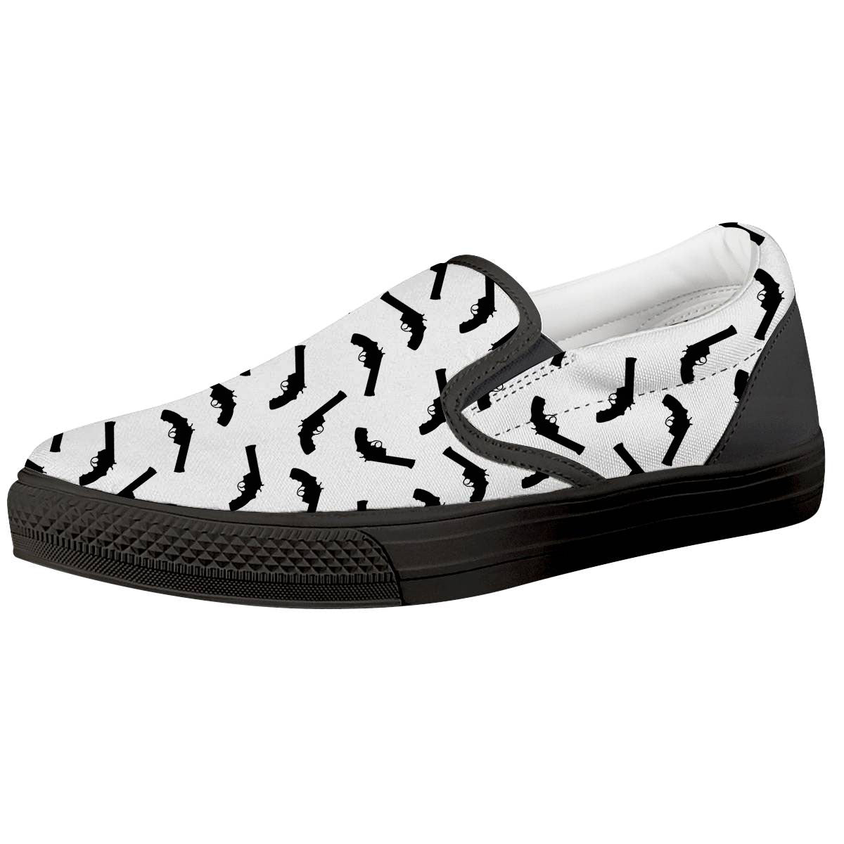 Guns White And Black Print Pattern Black Slip On Shoes-grizzshop