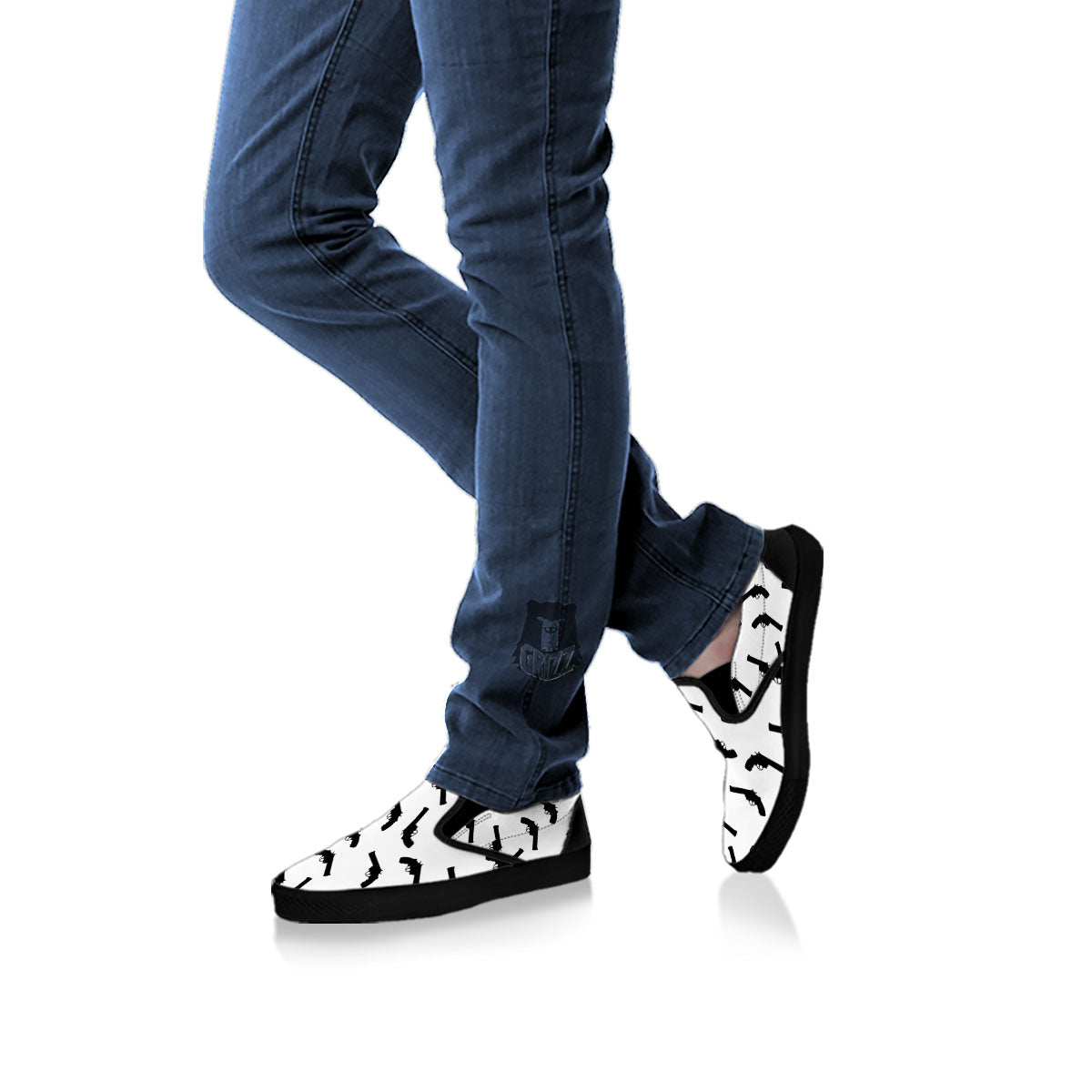 Guns White And Black Print Pattern Black Slip On Shoes-grizzshop
