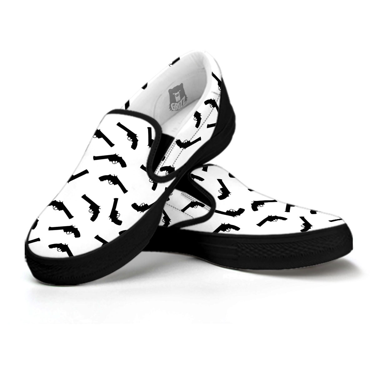 Guns White And Black Print Pattern Black Slip On Shoes-grizzshop