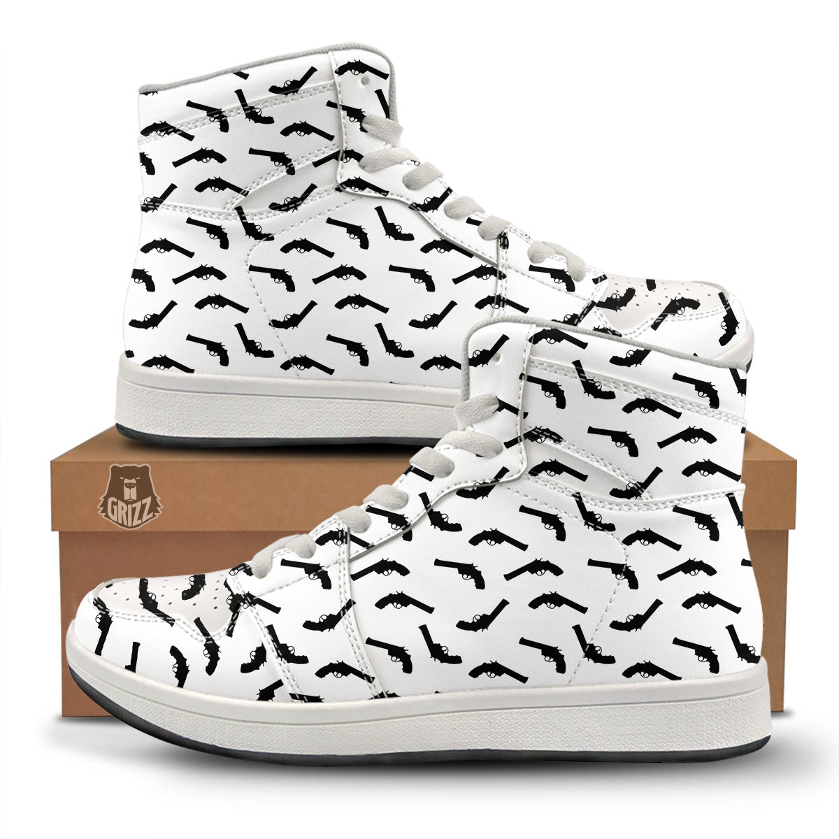 Guns White And Black Print Pattern High Top Sneakers-grizzshop