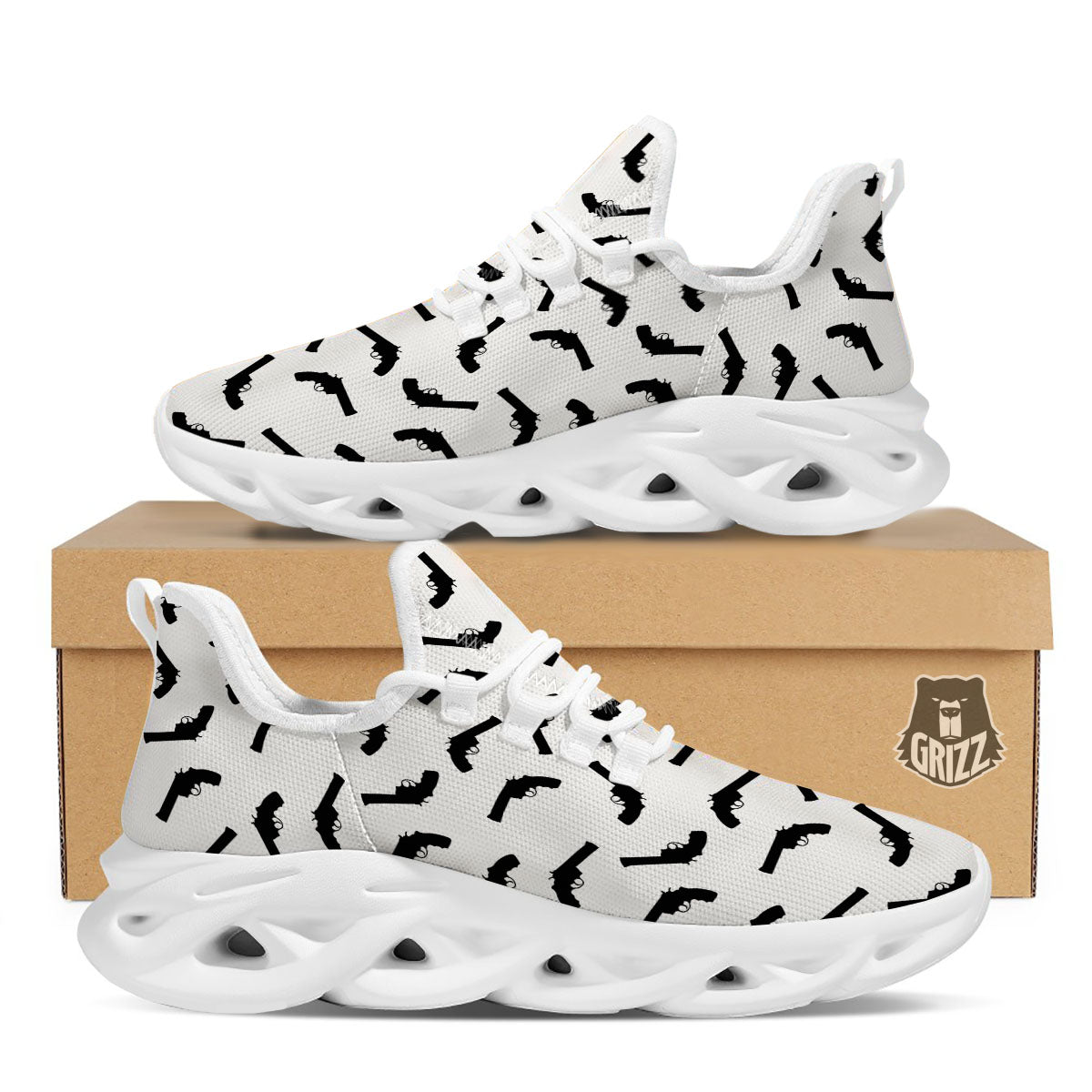 Guns White And Black Print Pattern White Running Shoes-grizzshop